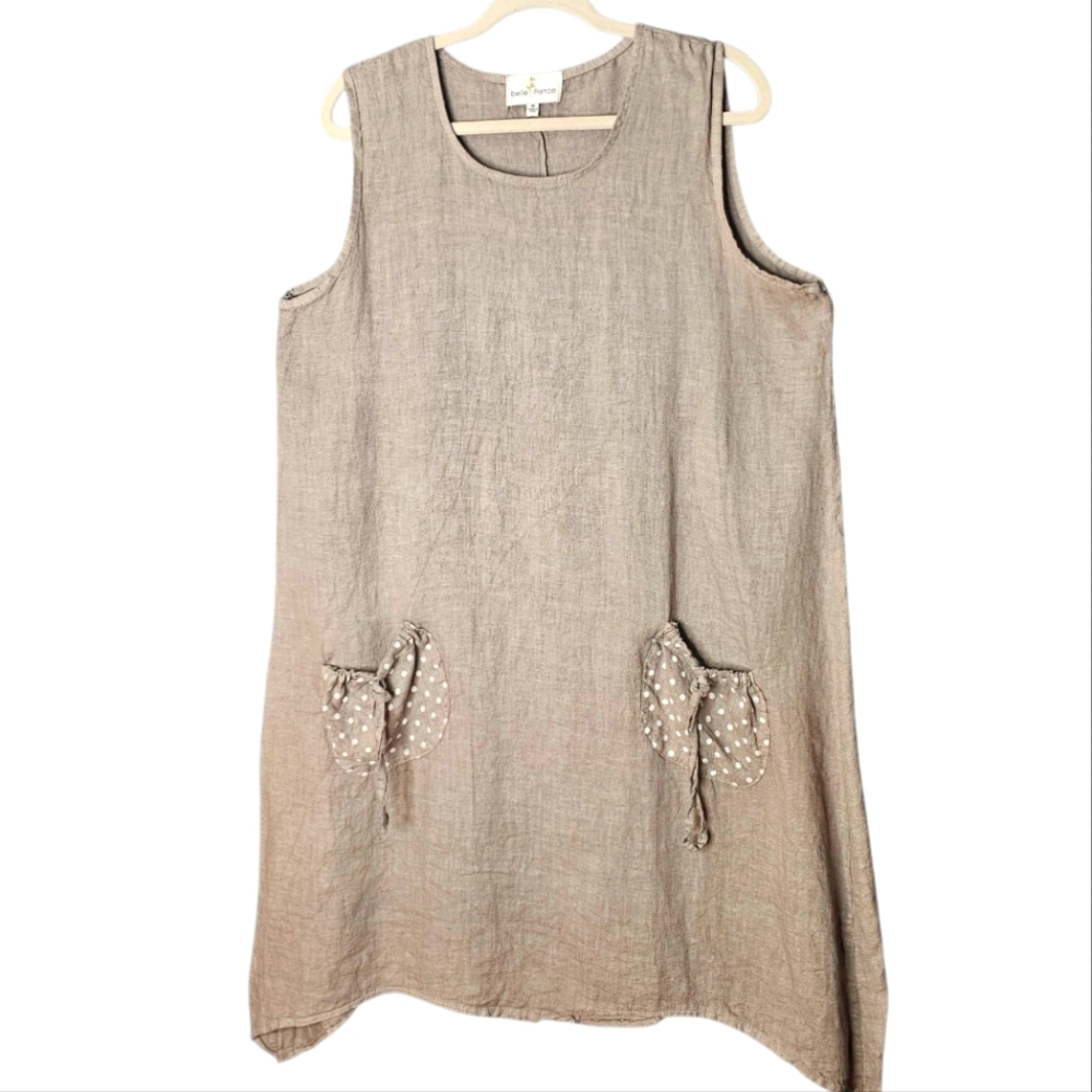 Belle France Taupe Linen Basket Pokadot Pockets Sleeveless Pullover Midi Dress M
